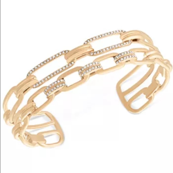 Michael Kors Cuff Bracelet Fixed Double Chain Links Gold Tone Pave Crystals NWT - Picture 3 of 8